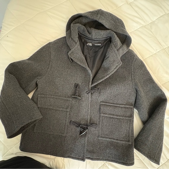 ZARA Manteco Wool Jacket Size M Womens Toggle Coat Hooded Grey $150 retail NWOT - Picture 3 of 9